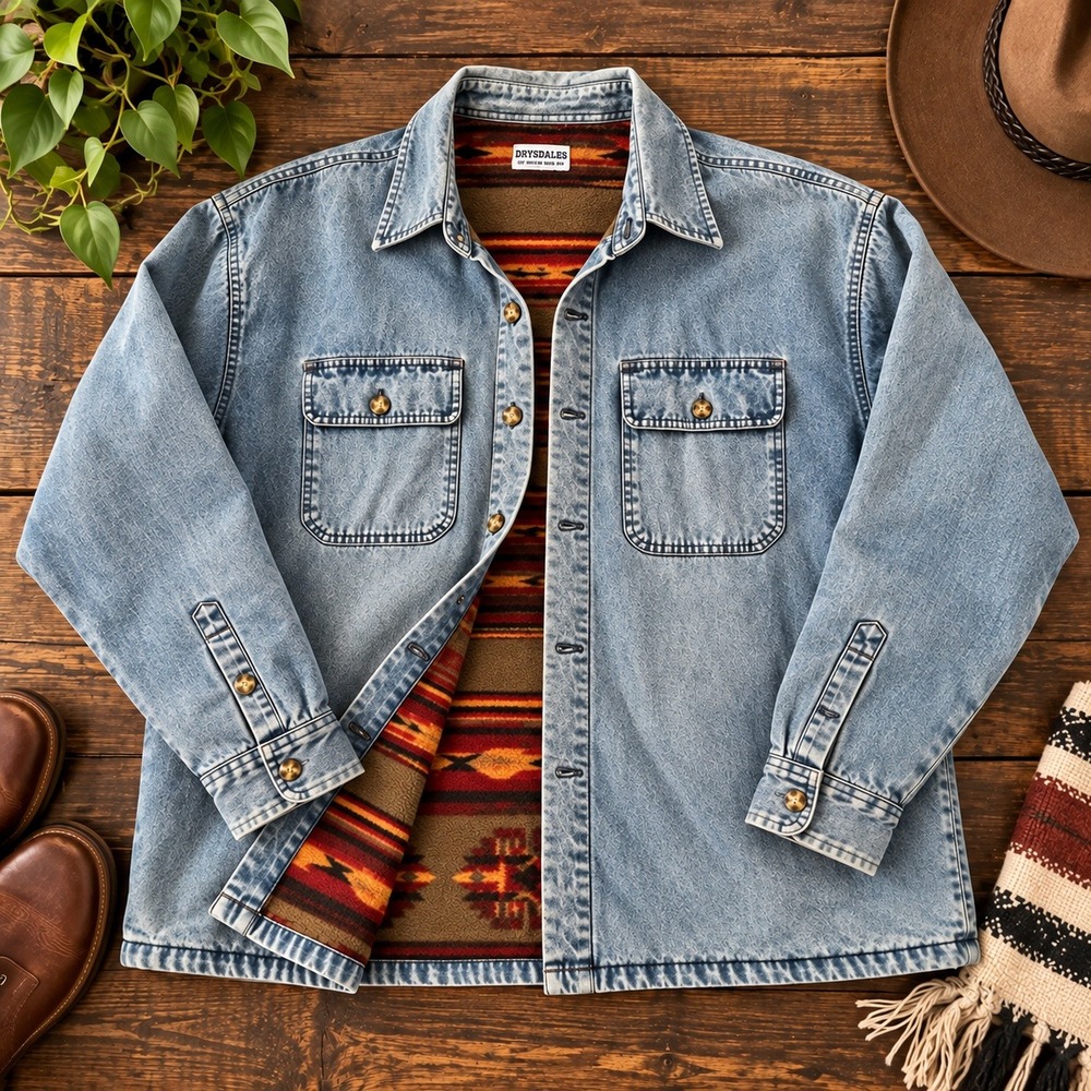 Vintage Drysdales Denim Jacket Mens 3XL Fleece Line Southwestern Western Shacket